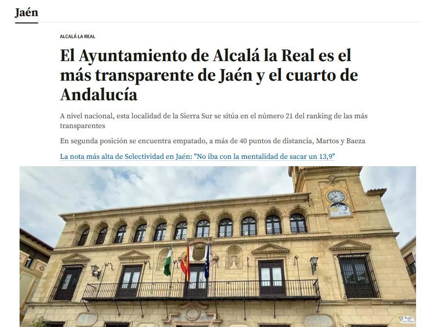 Lee más sobre el artículo El Ayuntamiento de Alcalá la Real es el más transparente de Jaén y el cuarto de Andalucía